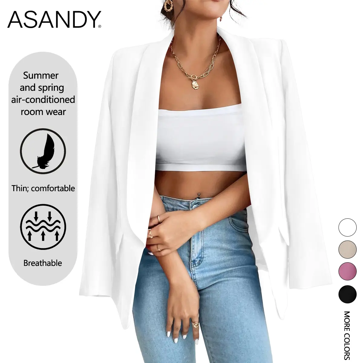 ASANDY Lady's Oversized Fashion Blazer, Lightweight Thin Long Sleeve Polyester Suit Jacket for Office, Business, and Casual Everyday Wear
