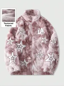 Men’s and women’s versions. Streetwear style: LA letters and pink tie-dye star-shaped appliqué fleece jacket for winter warmth and protection. Suitable for streetwear, trendy outfits, cold weather protection, men’s gifts, campus-inspired styles, casual we