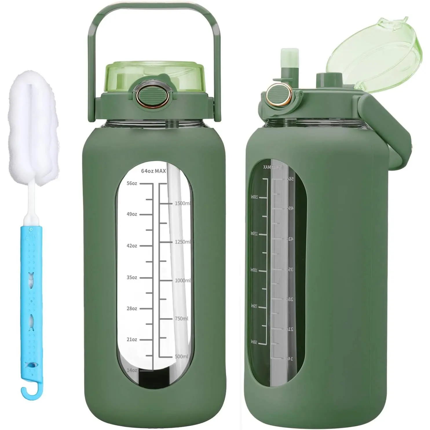 64oz Glass Water Bolttles with Straw Half Gallon Large Motivational Water Bottle with Time Marker  Water Bottles with  Sleeve and Handle Lid Water Jug for Gym Workout