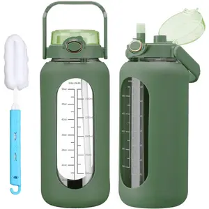 64oz Glass Water Bolttles with Straw Half Gallon Large Motivational Water Bottle with Time Marker  Water Bottles with  Sleeve and Handle Lid Water Jug for Gym Workout