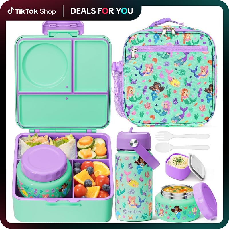 Fimibuke Bento Lunch Box with internal Thermos Food Jar, Leakproof 60oz 3-4 Compartments Lunch Box ,14OZ Thermos Water Bottle,8OZ Thermos Food Jar,lunch bag,Sauce Jar & Utensils, BPA-Free, Dishwasher Safe,Funny patterns,Back to school gift,Dealsforyoudays 0