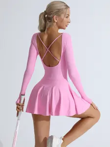 Women's Seamless Knit Sports Dress, Solid Cross-Back Design, Long Sleeve Tennis Dress, Indoor/Outdoor Sports/Yoga, Skin-Friendly Fabric, Form-Fitting Shaping
