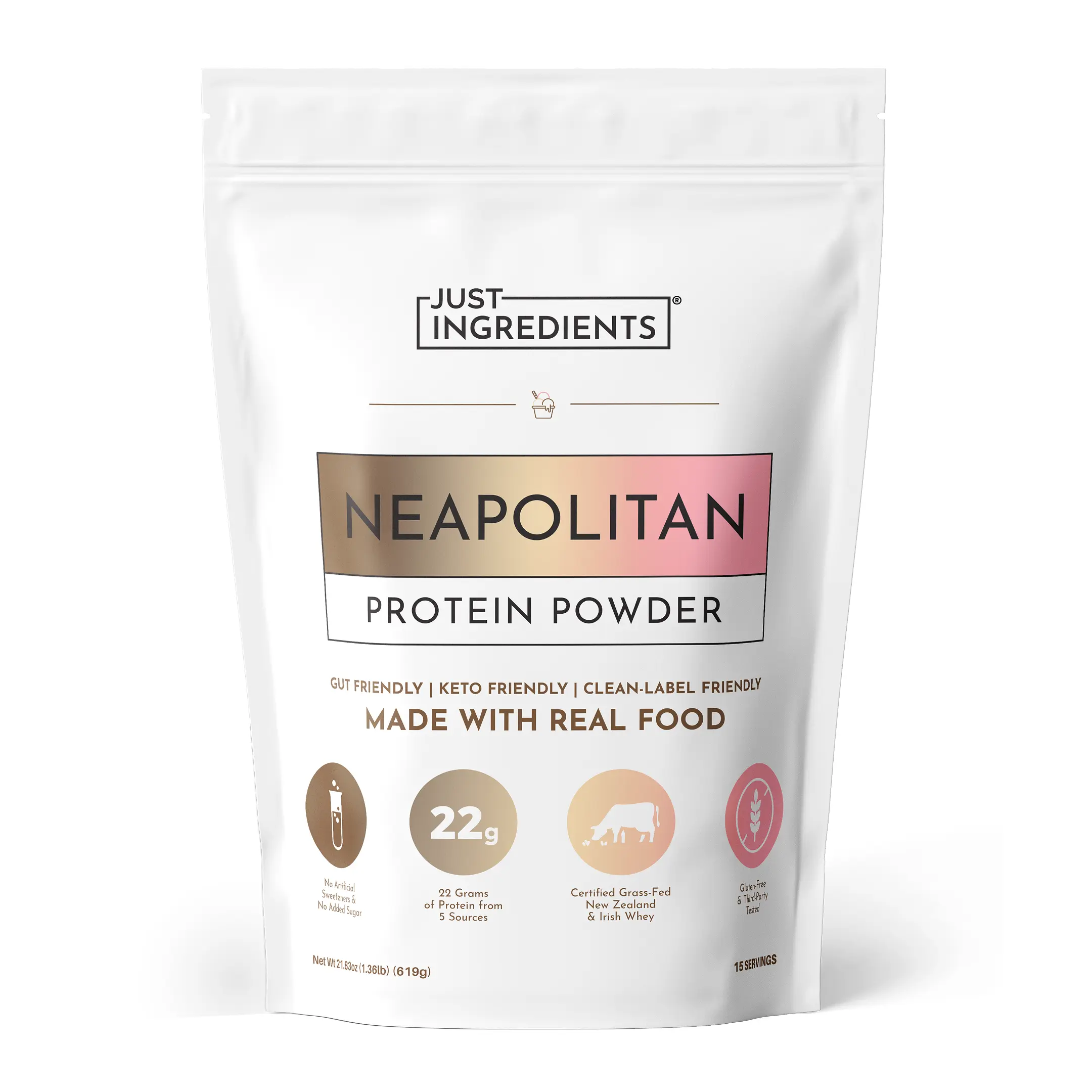 Just Ingredients - Neapolitan Protein Powder (15 servings) with Certified New Zealand and Irish Grass-fed Whey