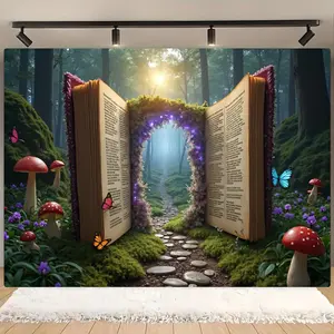1pc 2D Flat Enchanted Forest Book Arch Party Banner - Vibrant Fairy Tale Scene with Butterflies, Mushrooms & Sunlit Pathway, Polyester, Perfect for Themed Parties, Reading Events, Back-to-School White