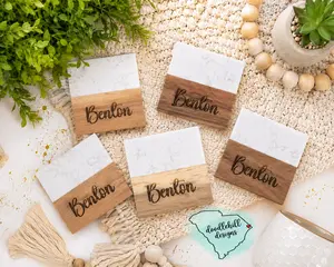 Personalized Marble & Acacia Wood Coaster Set with Stand | Custom Name Engraved Coasters | Realtor Closing Gift | Wedding Gift | Housewarming Gift