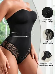 Sexy Lace Trim Women's Bodysuit, Easy-On Thigh Buckle Design, Anti-Slip Tummy Control, Invisible Hem, Multi-Scene Wear