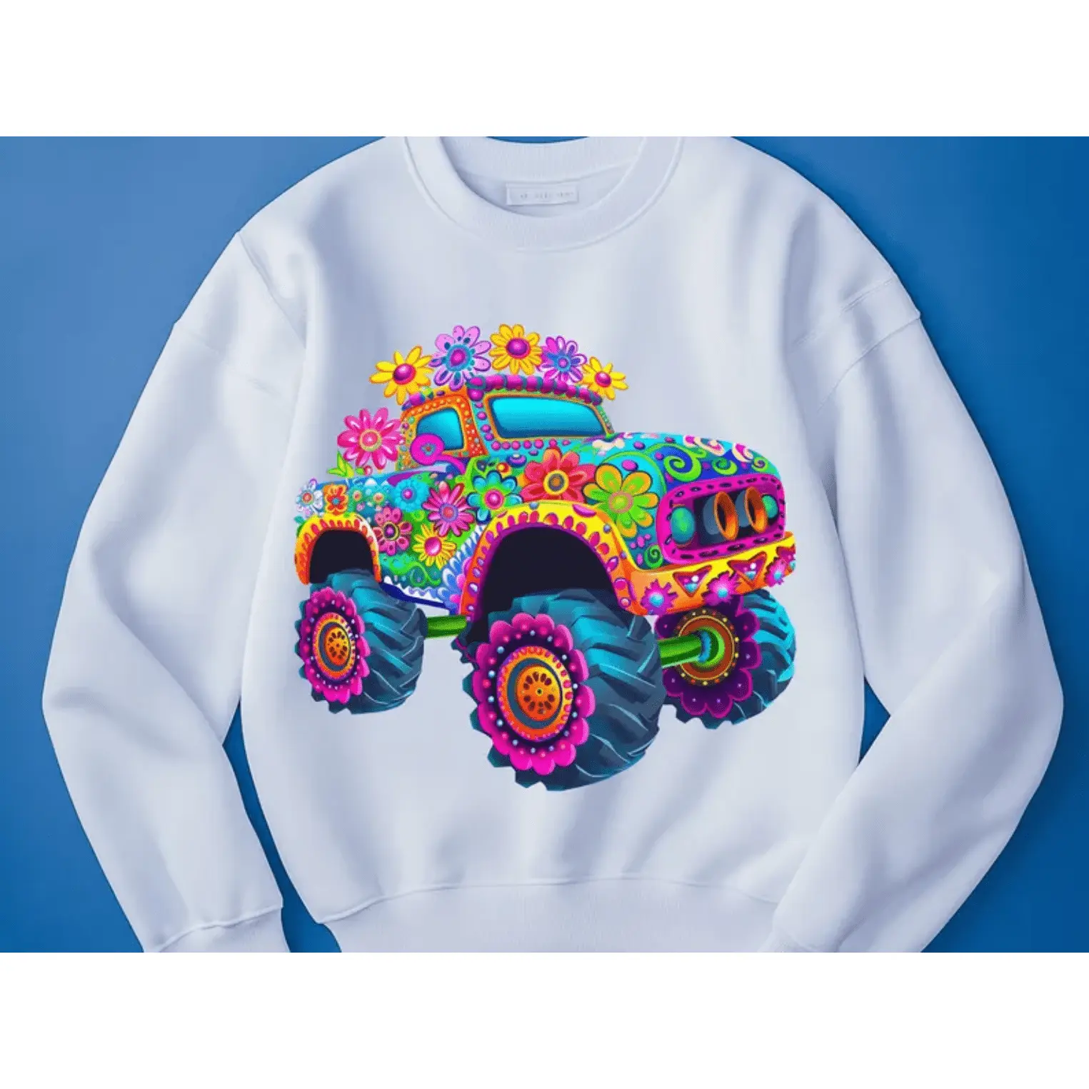 RTS Monster truck flowers hippie flowers colorful DTF DIRECT TO FILM transfers size ADULT 10x12. 20-I