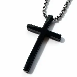 Men’s Black Cross Necklace – Stainless Steel Long Pendant Chain, Minimalist Titanium Jewelry, Stylish Gift for Him or Dad unisex cross necklace
