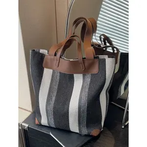 Colorblock striped woven fabric tote bag, simple and versatile hand-held shoulder bag, casual retro style, suitable for daily commuting, shopping, office workers, traveling, daily matching, Boho Work Bags