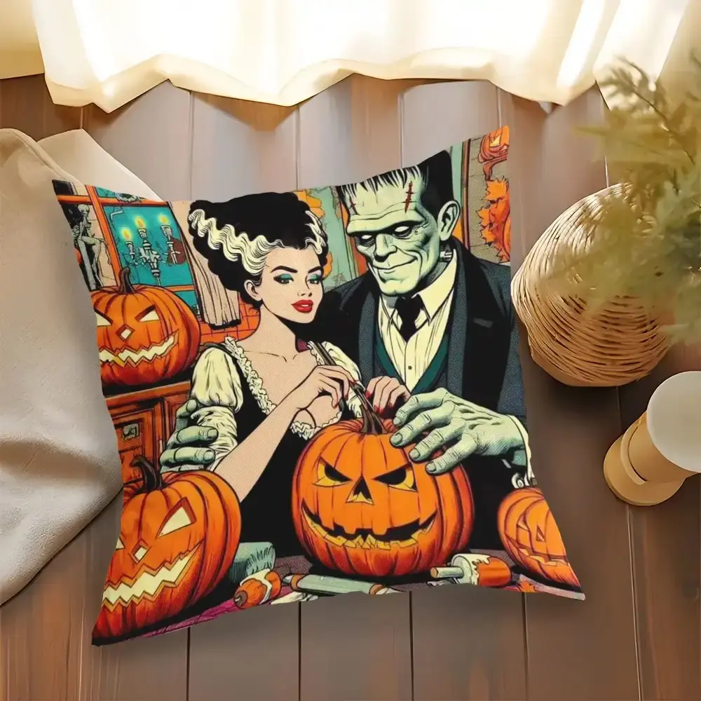 1PC Bride of Frankenstein's Monster Throw Pillow - Vintage Horror Zipper Closure Decor - Machine Washable for Bed, Sofa - Ideal Gift for Horror Fans