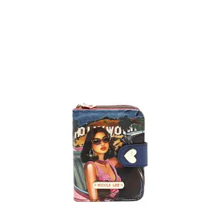 Denim cotton exterior with vegan leather accents Back compartment with wrap-around zip closure and accordion-style interior Size: 3.5"L x 1.5"W x 4.5"