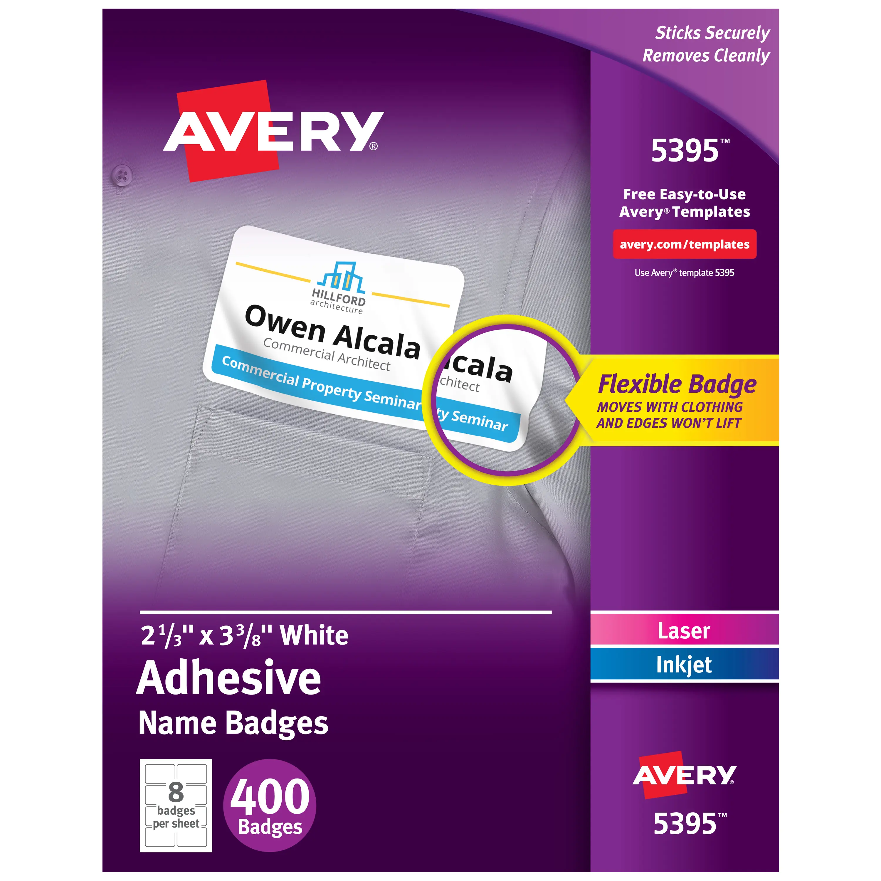 Avery Flexible Printable Adhesive Name Tags, 2-1/3"x3-3/8" Matte White, 400 Removable Name Badges for Laser & Inkjet Printers (5395), Adhesive Name Badges