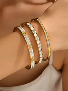 Elegant Rhinestone Durable Stainless Steel Bracelet Set, Minimalist Sparkle Stackable Bangles for Women, Casual Fashion Jewelry for All Seasons