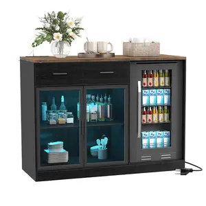 FOOWIN 53" Wine Bar Cabinet with Fridge Space, LED Lighted Modern Liquor Cabinet, Drawer, Adjustable Shelf, Bottle Wine Rack & Storage Table for Dining Room, Kitchen, 2-Packages