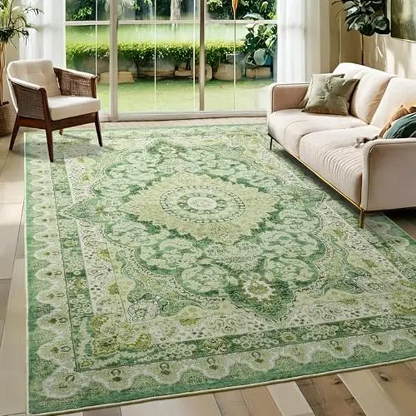 4'x6' Vintage Home Decorative Rug, Machine Washable Low Pile Throw Rug with Non-Slip Rubber Backing for Living Room, Bedroom