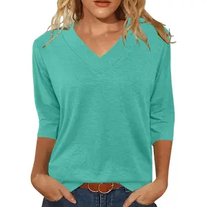 Womens Tops 3/4 Length Sleeve Summer V Neck Shirts Casual Tunic Tops 2025 Tshirt Womenswear