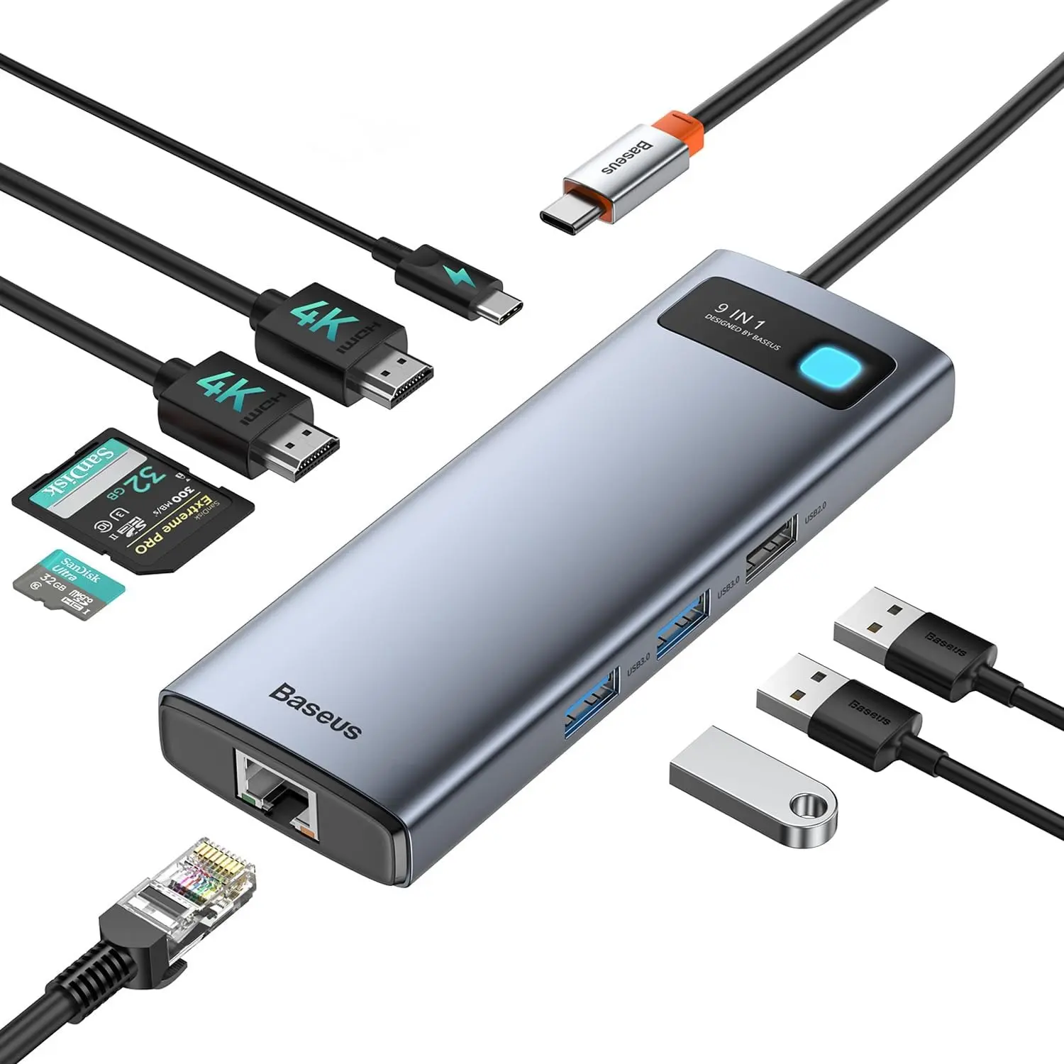 Baseus 9-in-1 USB-C Hub Laptop Docking Station with Dual Monitor Support, 2 HDMI (Up to 4K@120Hz), 1Gbps LAN, 85W Max Power Delivery, 3 USB Ports, SD Card Reader, Mirror Mode for Windows/Mac Laptops