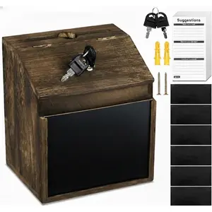 Wood Suggestion Box with Lock - 6 Chalkboard, 100 Suggestion Cards, Tip Jar, Wall Mountable Donation Box, 8x7x6Inches