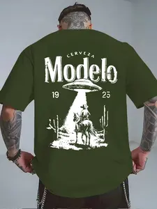 Men's Ufo Graphic Print T-Shirt, Casual Fitted Sportswear, Comfortable Long Sleeve Tee for Leisure and Home Gym