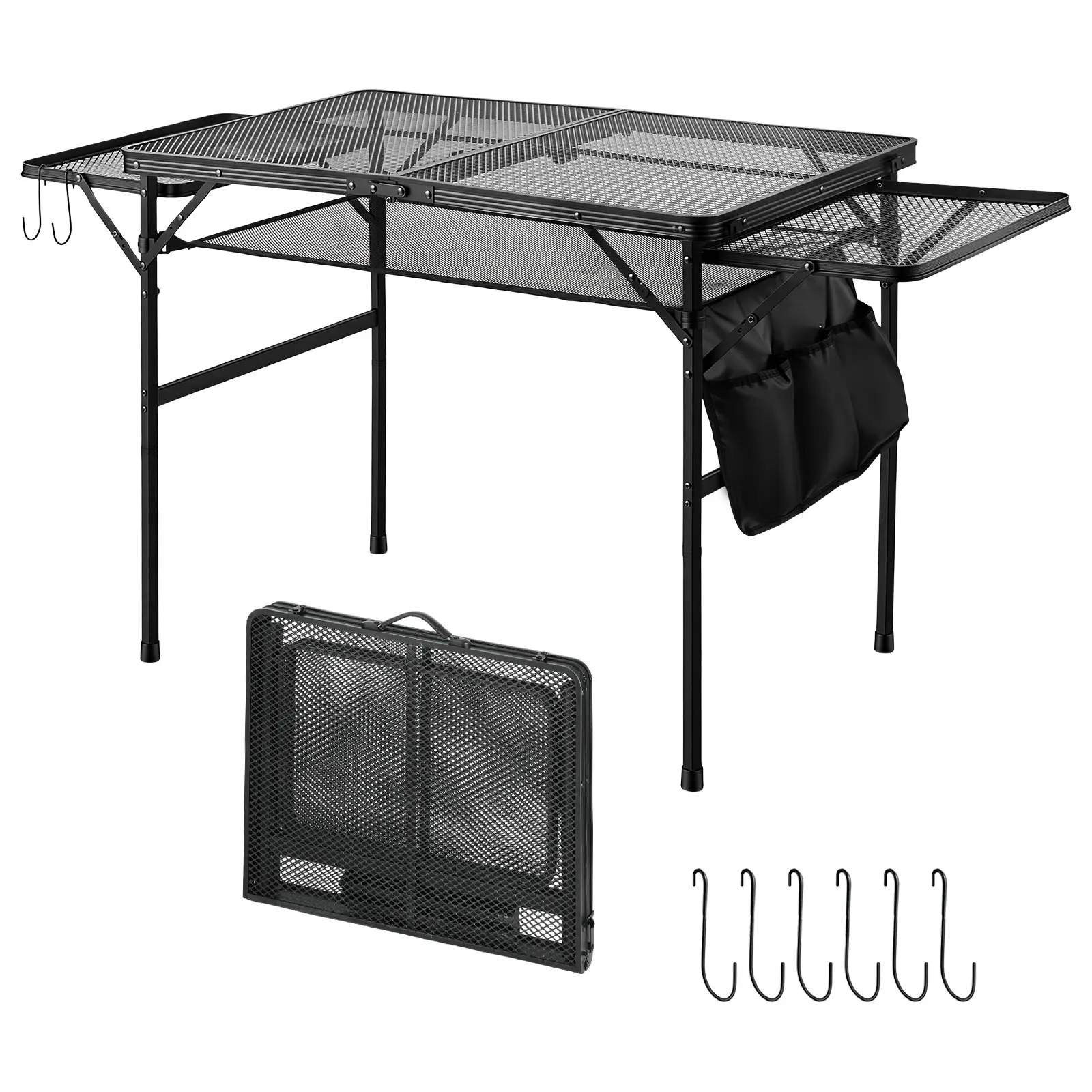 VEVOR Folding Grill Table with 2 Wing Panel 36x24in Camping Station 120lbs, for Picnic BBQ Tailgating, Adjustable Height, 2 Tier Outdoor Aluminum Side Stand with Side Pocket, Mesh Net, Portable Handle