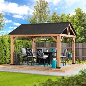 SUNJOY 11x13 Wooden Frame Gable Roof Gazebo with Ceiling Hook - Black