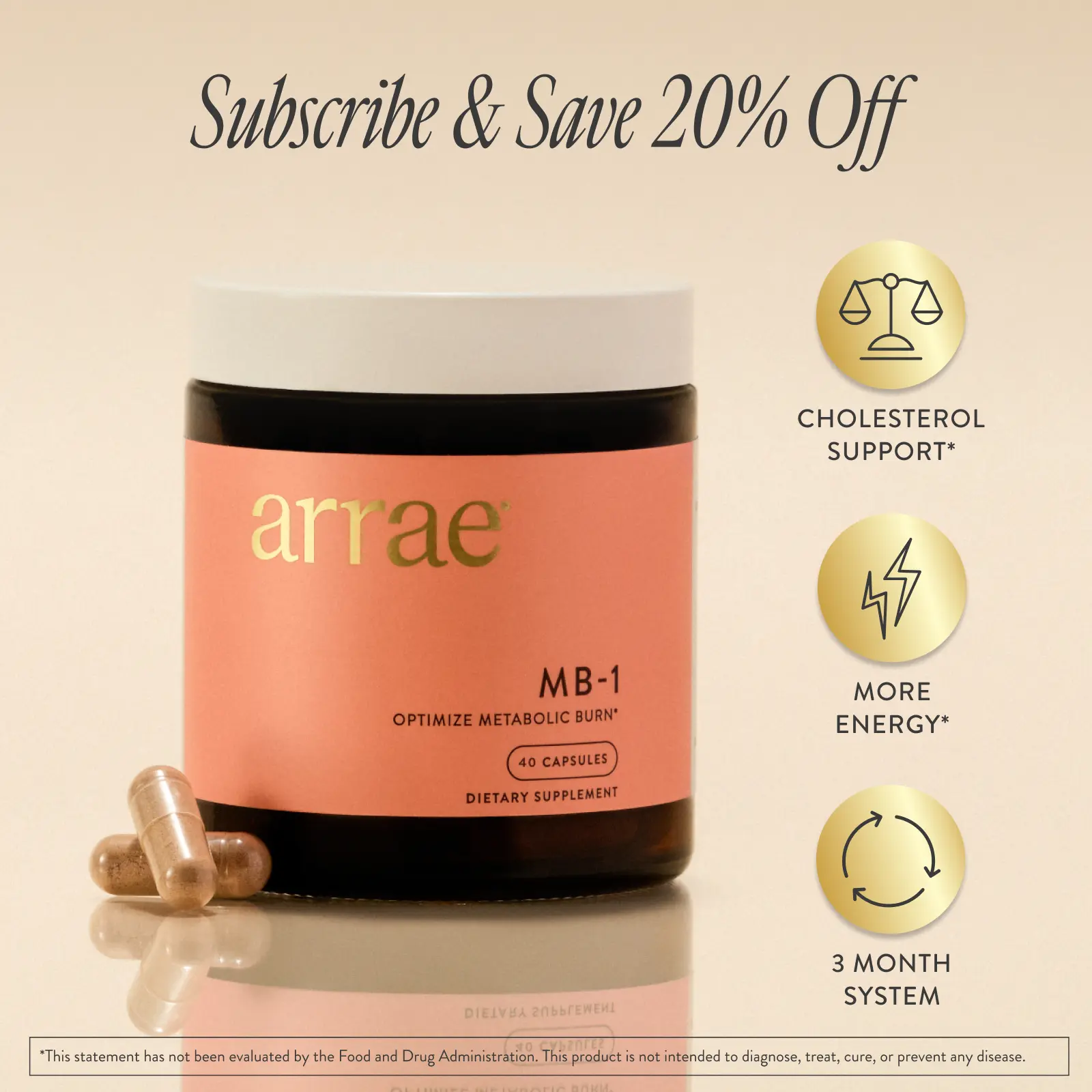 Arrae MB-1 | Natural Energy, Cholesterol, & Overall Health Support 20-Day Supply| Organic Nutrition Dietary Supplement Healthcare Vitamins Probiotic Blend Edible Fitness
