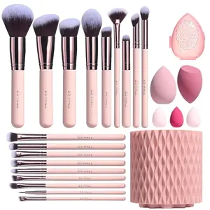 Makeup Brushes Premium Synthetic Foundation Powder Concealers Eye Shadows 18 Pcs Brush Set with 5 sponge & Holder Sponge Case (A-Pink)