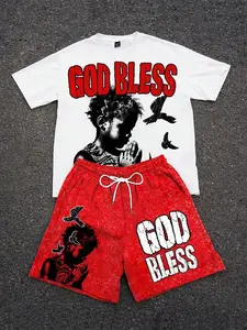 High Street Washed God Bless Praying Kid Print Set, Contrast T-shirt & Drawstring Shorts
