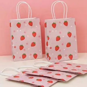 Cute Strawberry Gift Bag Set, Birthday Souvenir Packaging, Hand-Held Paper Bags, Girlish Dessert Bags, 4/12 Pieces