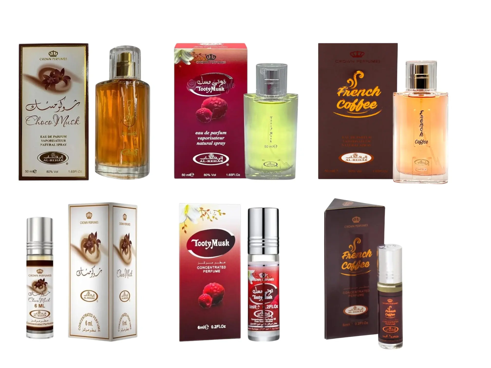 (6pc Bundle Pack) 50ml Choco Musk + Tooty Musk + French Coffee Perfume Spray + 6ml Choco Musk + Tooty Musk + French Coffee Perfume Oil Roll-On by Al-Rehab