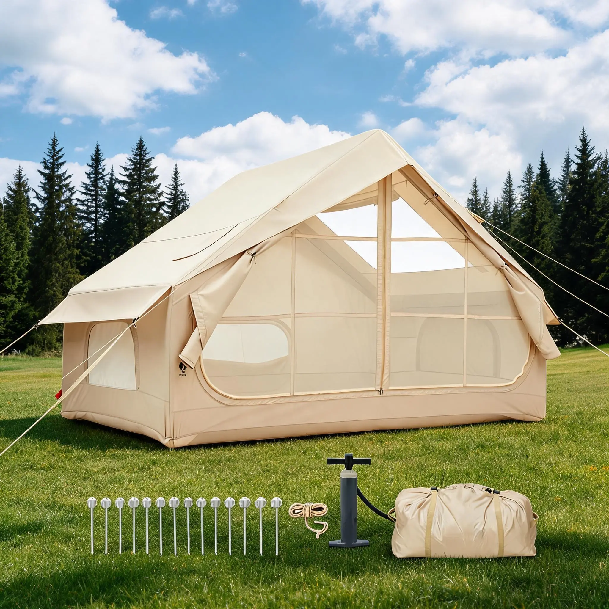 Inflatable Camping Tent, 2-4 Person 5 Min Setup Waterproof Air Tent with UPF 30+ Protection, Spacious Family Tent for Camping, Backyard, Festivals, Hiking, Outdoor Shelter with Pump, 10x6.67x6.67ft