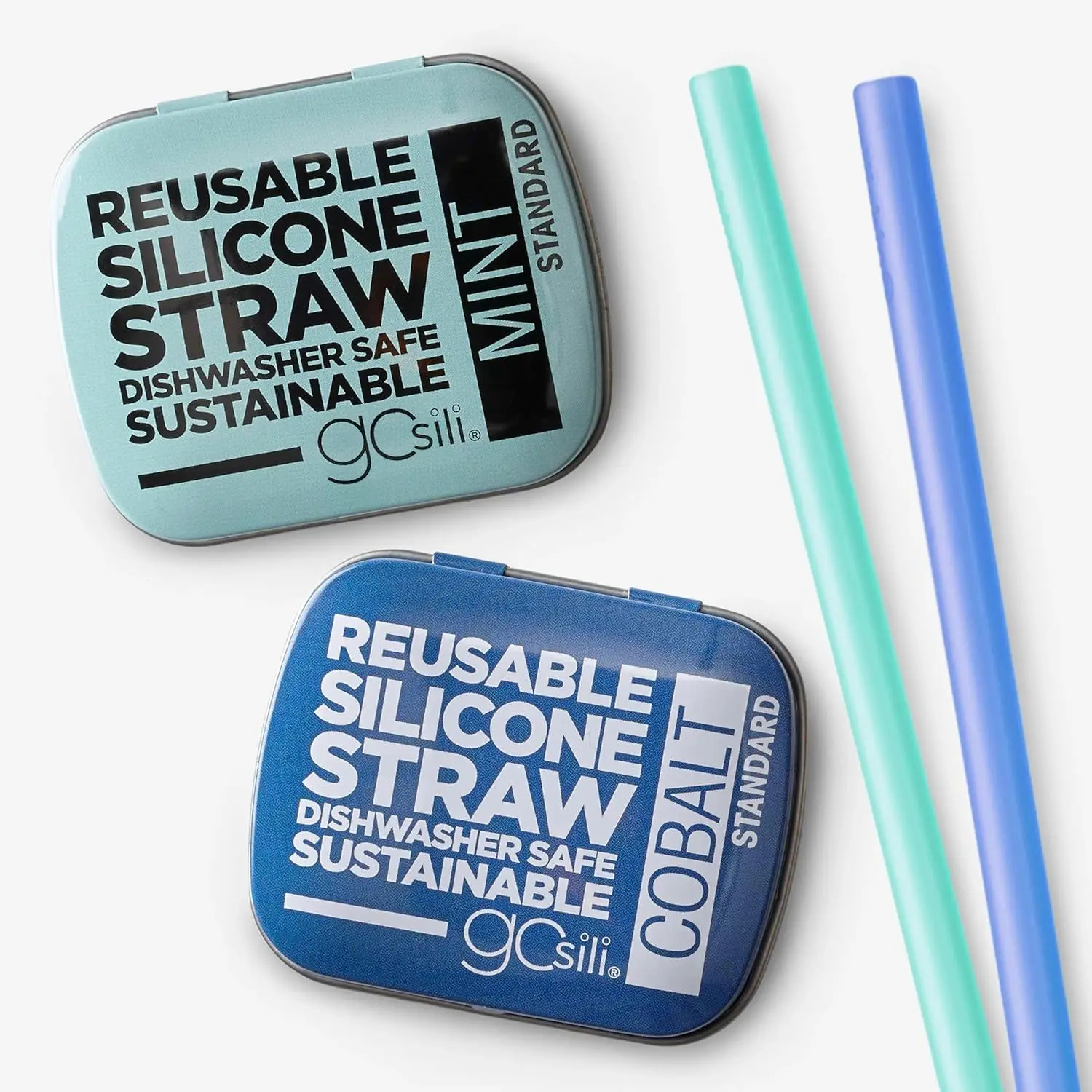 GoSili Reusable Silicone Travel Straws with Case Cobalt/Mint Flexible Collapsible Straws for Tumblers Dishwasher Safe 2pk Eco-Friendly Versatile