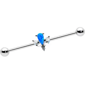 14G Blue Faux Opal Style Flower Industrial Barbell 38mm