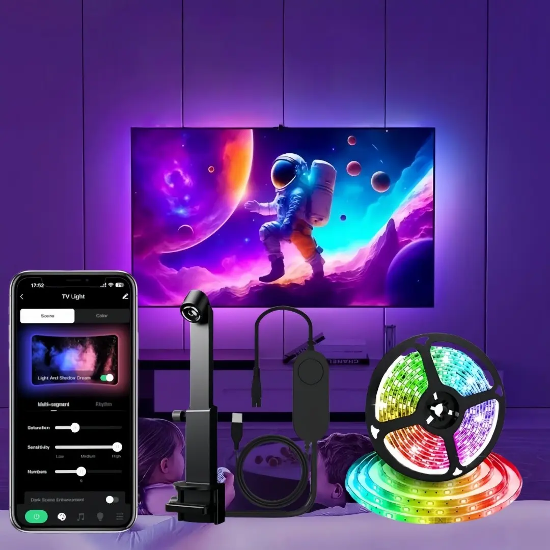 USB Powered TV LED Backlight Strip Camera, Fits 32-85 Inch Screens, 13 Feet RGB Light Bar Syncs with Screen and Music, Ideal for Parties, Led Ambient Light, RGB Led Effects, Led Rgb Lights, Led Lighted