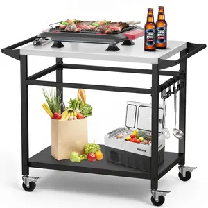 Grill Table Cart with Double-Shelf, Outdoor Rolling Dining Table ，Black Cart
