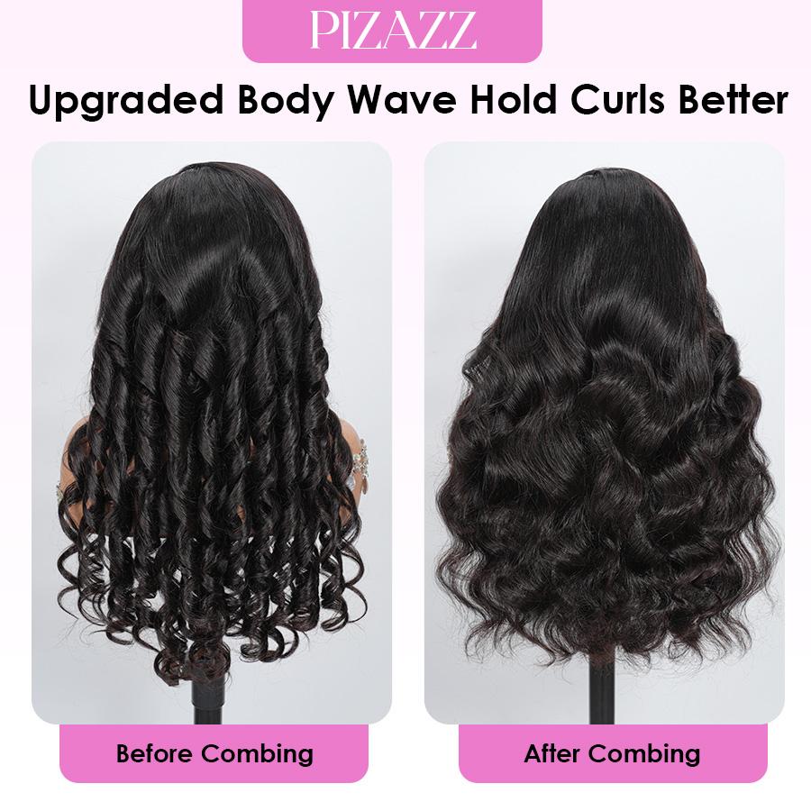 [NEW IN] Pizazz Hair Side Part Body Wave Glueless Wig 220% Density 13x6 HD Transparent Pre Cut Lace Ready To Go Wigs Human Hair ,Straight out the Box With Pre Bleached knots , Pre Plucked Natural Hair Line