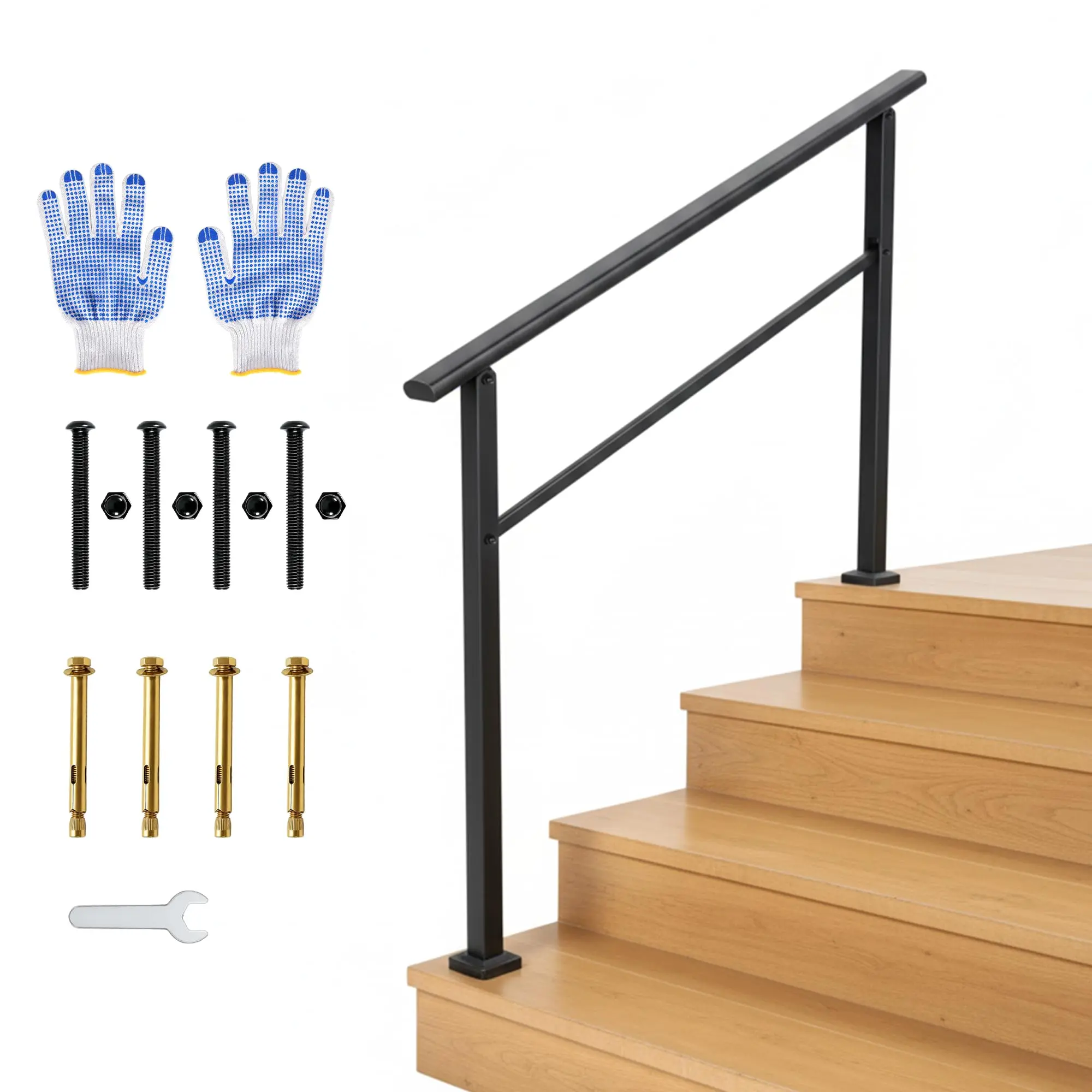 Garvee Outdoor and Indoor Stair Handrails Kit - Black Aluminum Railing with Iron Posts for 4-Step Stairs and Porch Safety and Style