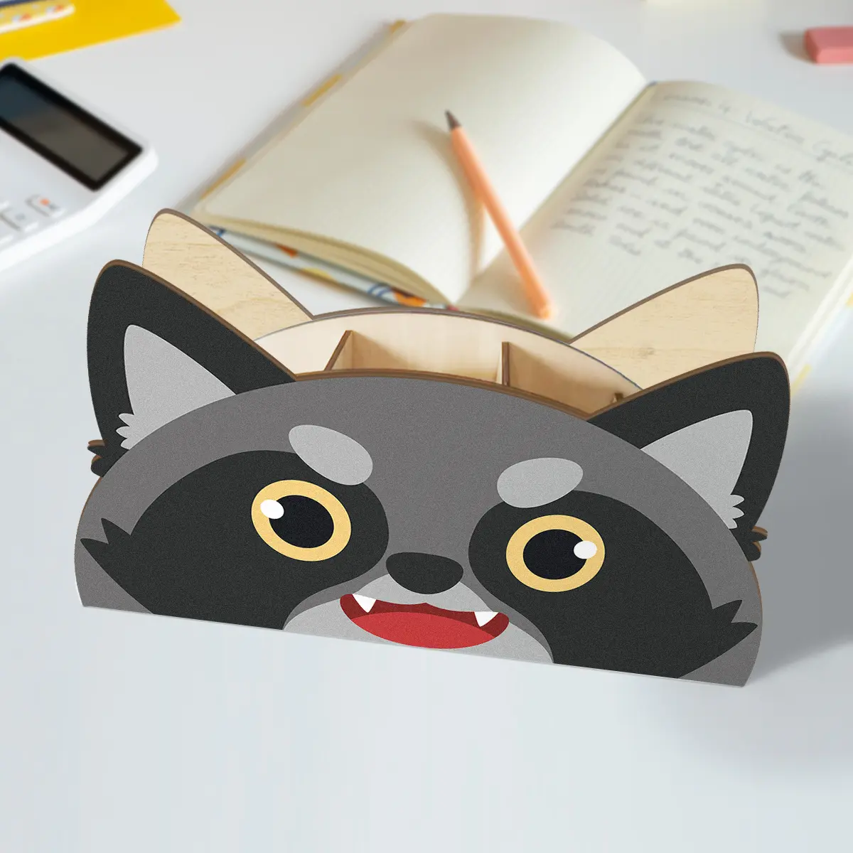 1pc Wooden raccoon Pen Holder Large Size 11.8x12.7inches Assemble Desk Organizer Perfect Gift for Students, Teachers & Stationery Lovers on Christmas, Thanksgiving