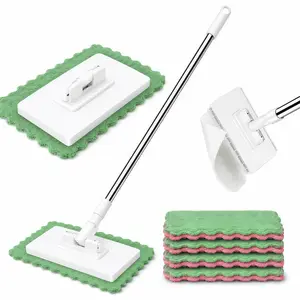 Hands-Free Multi-Purpose Flat Mop with 1-Click Cloth Changing Clamp, Push-Pull Handle, 360° Rotating Retractable Design, Wet & Dry Cleaning for Small Spaces & Baseboards, Includes 4/5 Reusable Cloths