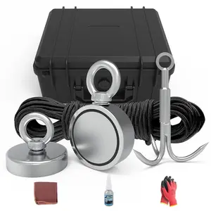 Fishing Kit - 650LBS Magnet with Rope, Grappling Hooks, Gloves - 1000LBS Pulling Force Double Sided Neodymium Rare Earth Magnet for Salvage and Retrieval