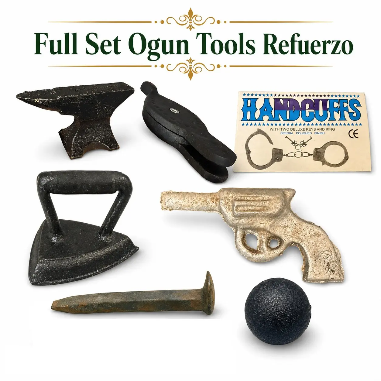 Ogun Tools Refuerzo Full Set – Traditional Yoruba Santeria Iron Tools with Anvil, Iron Ball, Plancha, Railroad Spike, Fuelle & Handcuffs