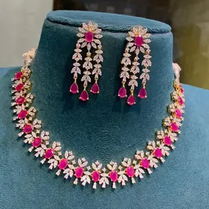 American Diamond Bridal Necklace Earring Set Dual Tone CZ Wedding Choker Necklace Ruby Emerald AD Stone Statement Jewelry