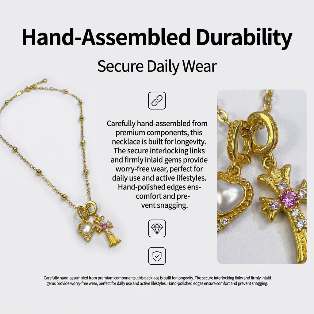 Pink Diamond Cross & Heart Shell Pendant Clavicle Necklace