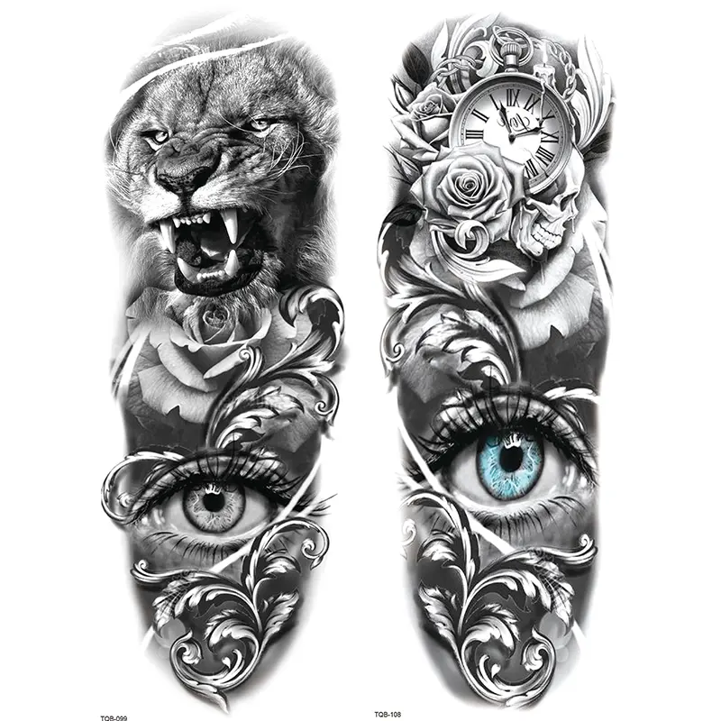 Women Temporary Tattoo Stickers, Lion Eye Clock Rose Design, Waterproof Fake Sleeve Tattoos for Adults & Halloween Party Accessories, Waterproof Realistic Tattoos