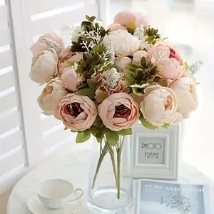 13-Head Champagne Pink Peony Artificial Flower Bouquet with White and Red Blooms - Elegant Home, Wedding, and Party Decor - Perfect for DIY Crafts, Bridal Arrangements, and Table Centerpieces, Wedding Decorations