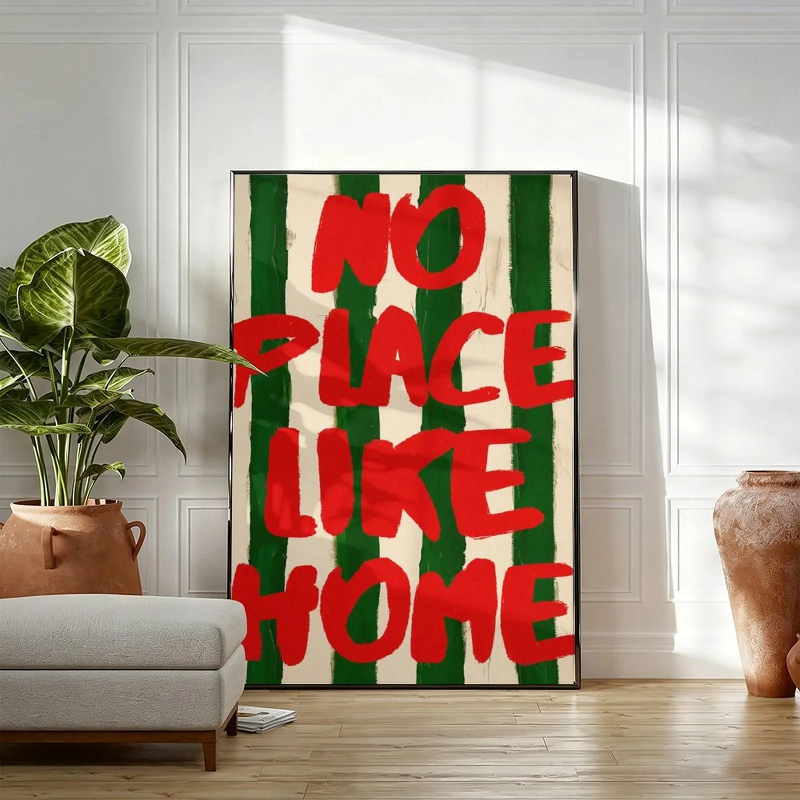 No Place Like Home Green Vertical Stripes Canvas Wall Art, Red Hand Drawn Quote Print, Vintage Preppy Living Room Bedroom Wall Decor, Text Poster For Apartment Dorm Home Gift