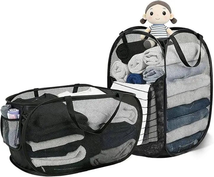 2 Pcs Large Pop-Up Laundry Baskets 70L + 75L Collapsible Mesh Hampers with Double Layer & Single Compartment Reinforced Handles Portable Laundry Organizer for Home Dorm Camping Travel (Black)