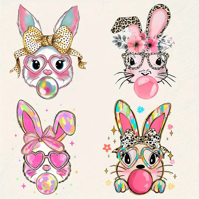 4 Color Mixed Vinyl Easter Rabbit Bubble Gum Cartoon Iron on Heat Transfer Stickers Cute Rabbit Design with Pink Glasses and Colorful Accessories Funny Rabbit Pattern for T Shirts Canvas Bags Pillows Handcraft Handicraft DIY Material