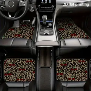 4PC All-Weather Car Floor Mats - Leopard Print and Cherry Red Design, Easy to Clean, Stylish Interior Accessory, Vehicle Underbody Protection