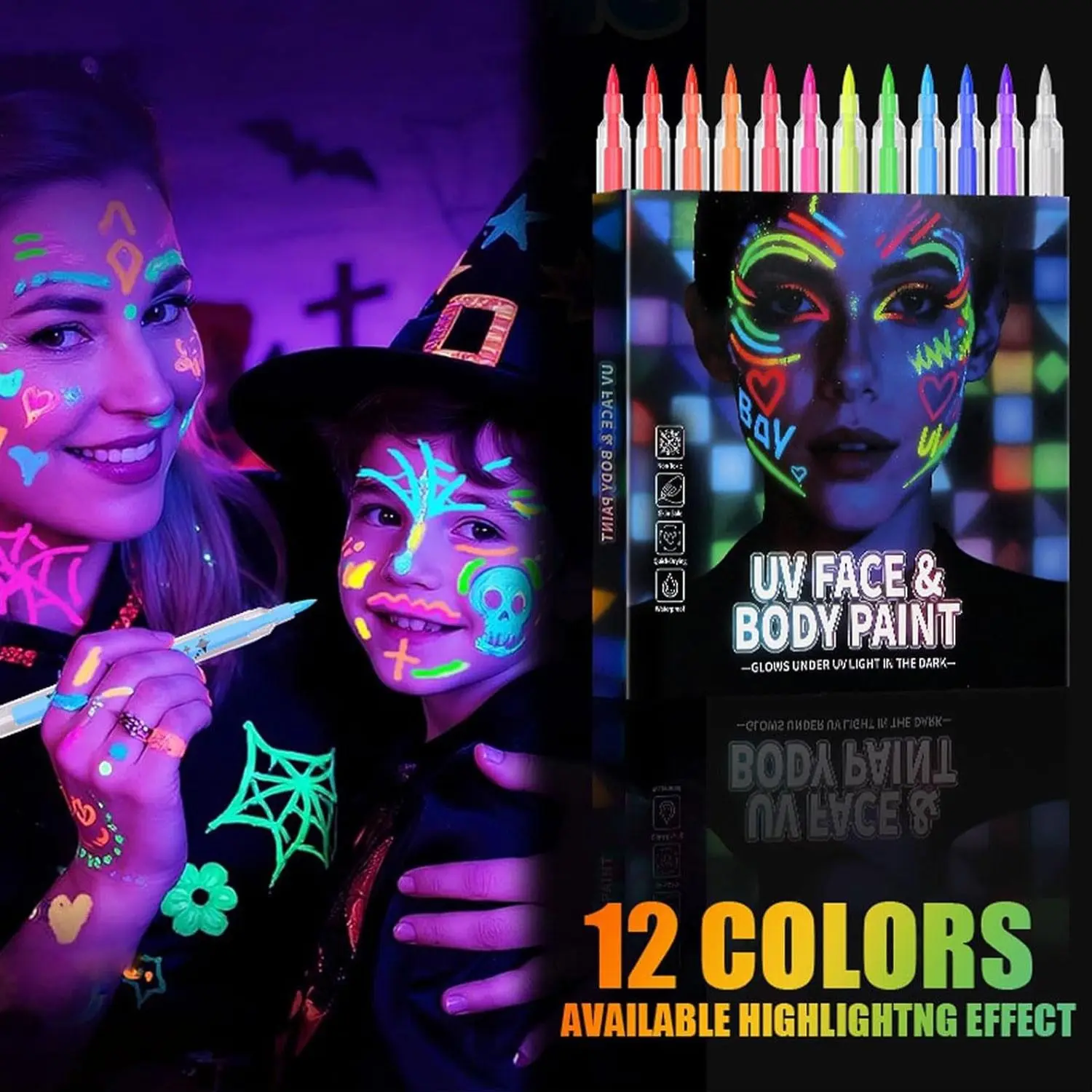 12 Colors UV Neon Face & Body Paint Markers, Washable Non-Toxic Glow Set, Perfect for Halloween, Christmas Parties, Role Play, Festivals